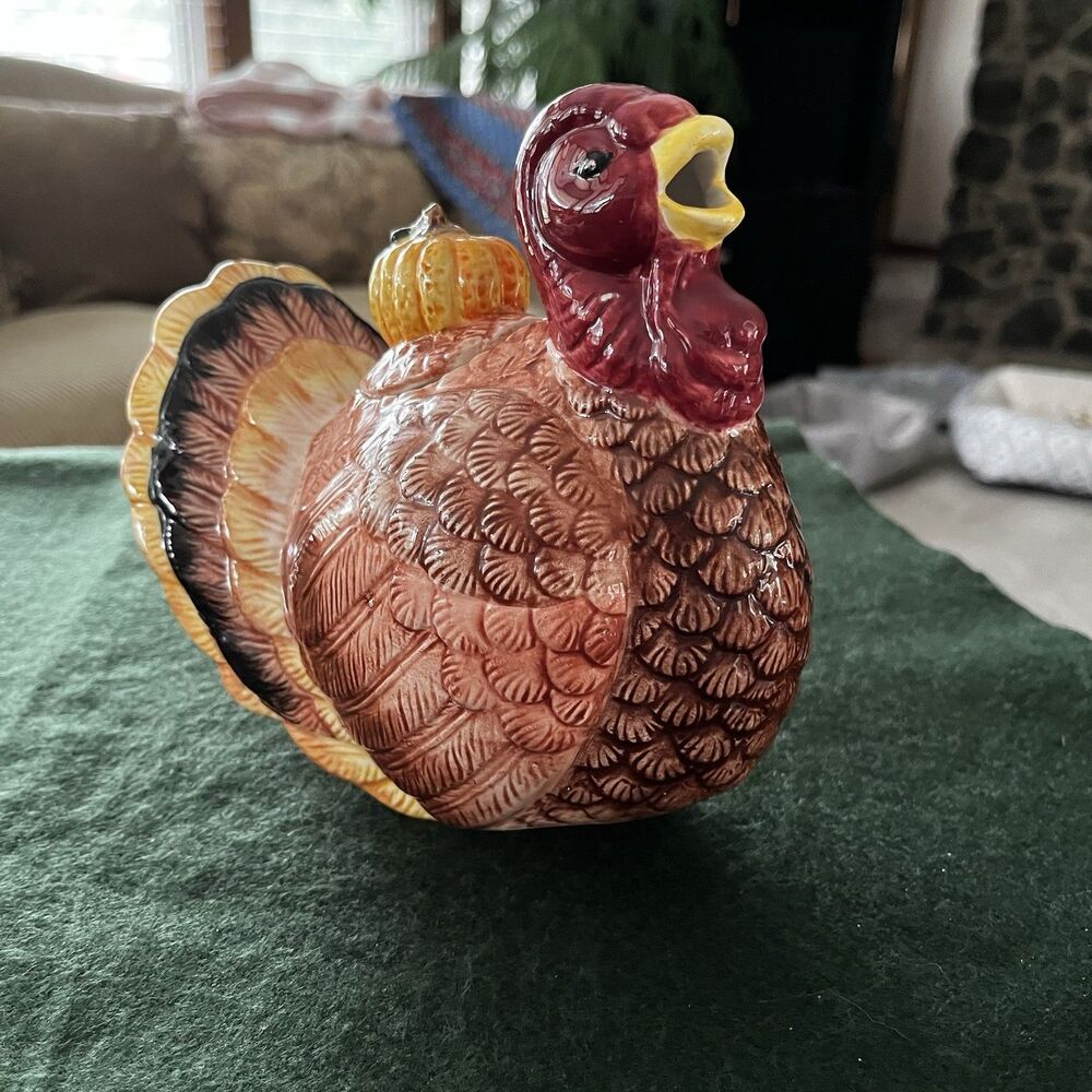 Vintage Turkey Gravy Boat w/Pumpkin Lid Glazed Ceramic Fall Harvest Thanksgiving